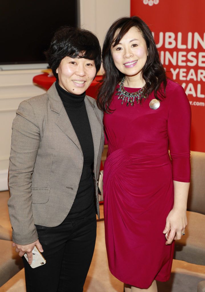 Sunnie Sun and Yvonne Kennedy at the launch of A celebration of Irish icons - Past and Present by Korean Chinese visual artist, Jin Yong, in Kildare Village as part of the Dublin Chinese New Year celebrations. Photo Kieran Harnett