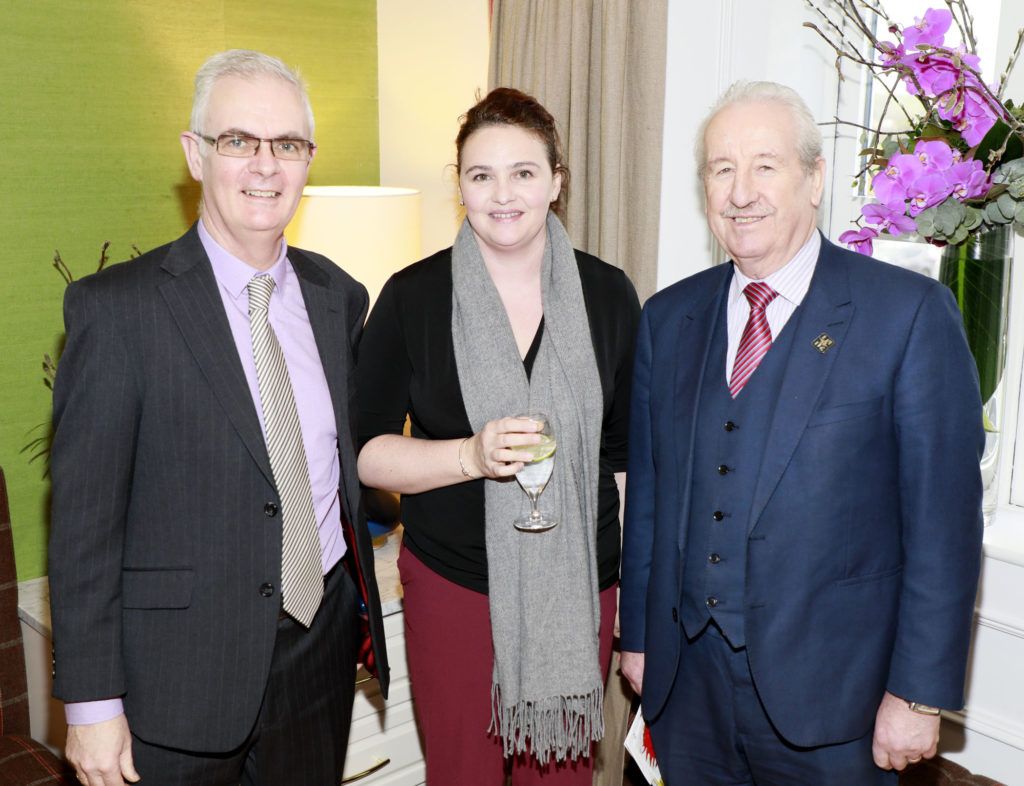 Tadgh McDonnell, Sonya Kavanagh and Paddy Kennedy at the launch of A celebration of Irish icons - Past and Present by Korean Chinese visual artist, Jin Yong, in Kildare Village as part of the Dublin Chinese New Year celebrations. Photo Kieran Harnett