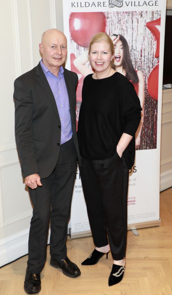 Tom McCutcheon and Maureen Bergin at the launch of A celebration of Irish icons - Past and Present by Korean Chinese visual artist, Jin Yong, in Kildare Village as part of the Dublin Chinese New Year celebrations. Photo Kieran Harnett