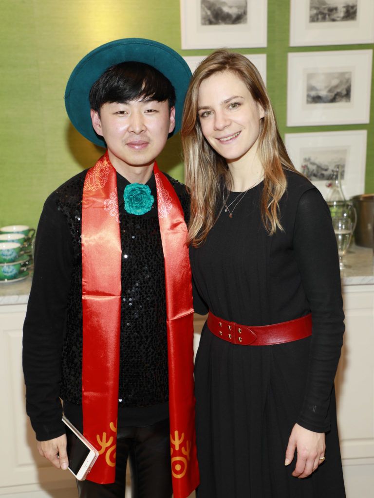 Jin Yong and Julia Wilks at the launch of A celebration of Irish icons - Past and Present by Korean Chinese visual artist, Jin Yong, in Kildare Village as part of the Dublin Chinese New Year celebrations. Photo Kieran Harnett