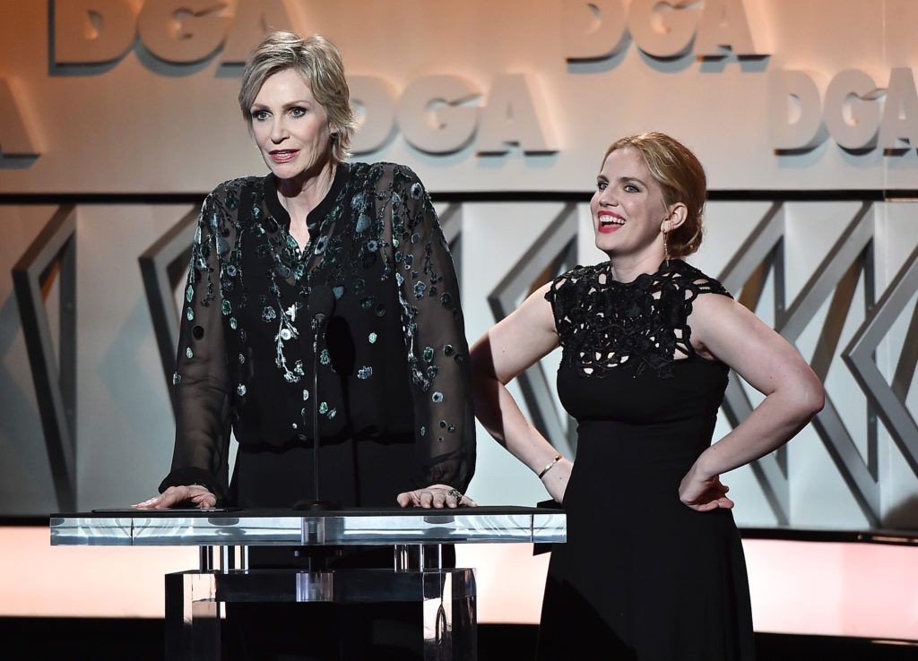 Jane Lynch (L) and Anna Chlumsky speak onstage during the 69th Annual Directors Guild of America Awards at The Beverly Hilton Hotel on February 4, 2017 in Beverly Hills, California.  (Photo by Alberto E. Rodriguez/Getty Images for DGA)