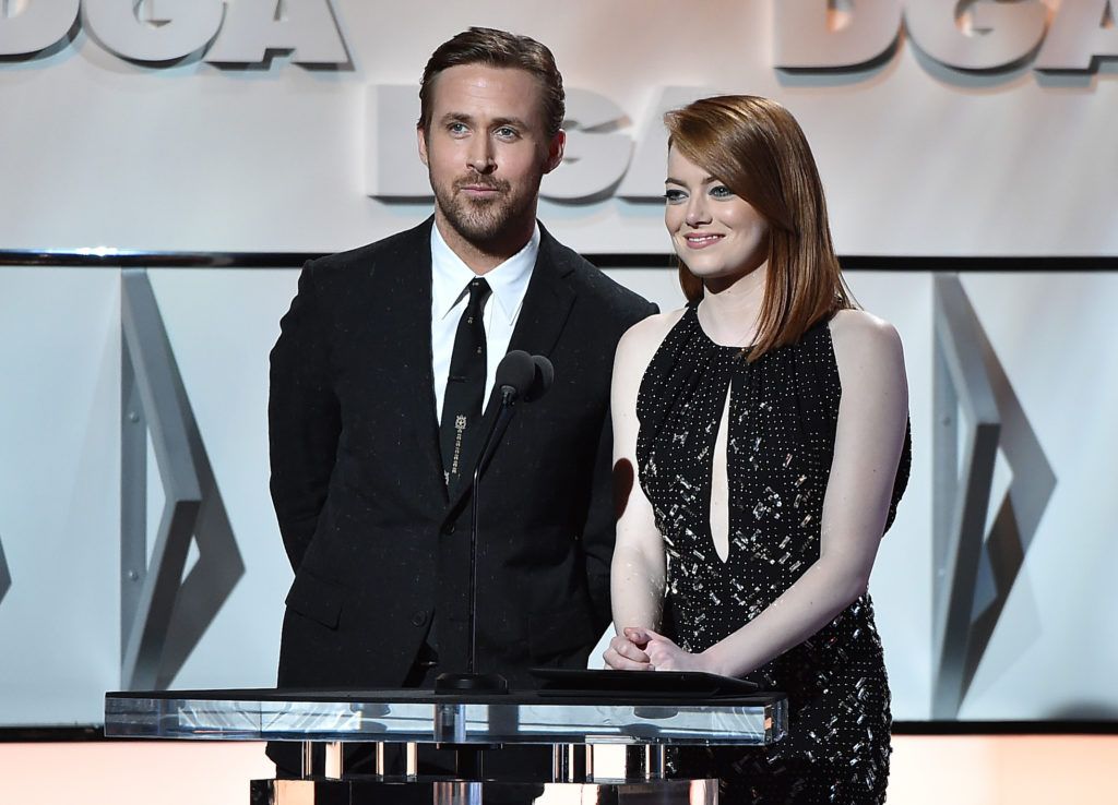 Ryan Gosling (L) and Emma Stone onstage during the 69th Annual Directors Guild of America Awards at The Beverly Hilton Hotel on February 4, 2017 in Beverly Hills, California.  (Photo by Alberto E. Rodriguez/Getty Images for DGA)