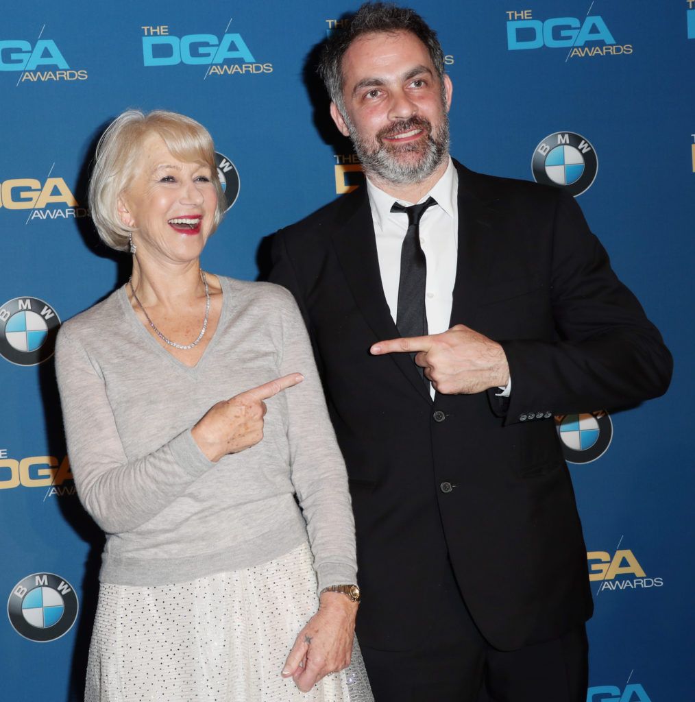 Director Miguel Sapochnik (R), winner of the Outstanding Directorial Achievement in Dramatic Series for the 'Game of Thrones' episode 'The Battle of the Bastards,' poses with actress Dame Helen Mirren in the press room during the 69th Annual Directors Guild of America Awards at The Beverly Hilton Hotel on February 4, 2017 in Beverly Hills, California.  (Photo by Frederick M. Brown/Getty Images)