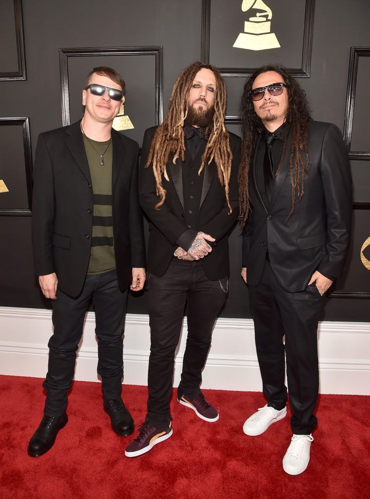 LOS ANGELES, CA - FEBRUARY 12: (L-R) Musicians  Ray Luzier, Brian Welch and James Shaffer of Korn attend The 59th GRAMMY Awards at STAPLES Center on February 12, 2017 in Los Angeles, California.  (Photo by Alberto E. Rodriguez/Getty Images for NARAS)