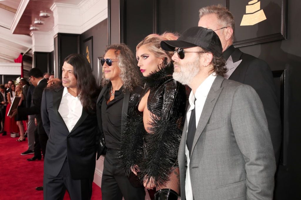 LOS ANGELES, CA - FEBRUARY 12:  (L-R) Musicians Robert Trujillo and Kirk Hammett of Metallica, Lady Gaga, James Hetfield and Lars Ulrich of Metallica attend The 59th GRAMMY Awards at STAPLES Center on February 12, 2017 in Los Angeles, California.  (Photo by Christopher Polk/Getty Images for NARAS)
