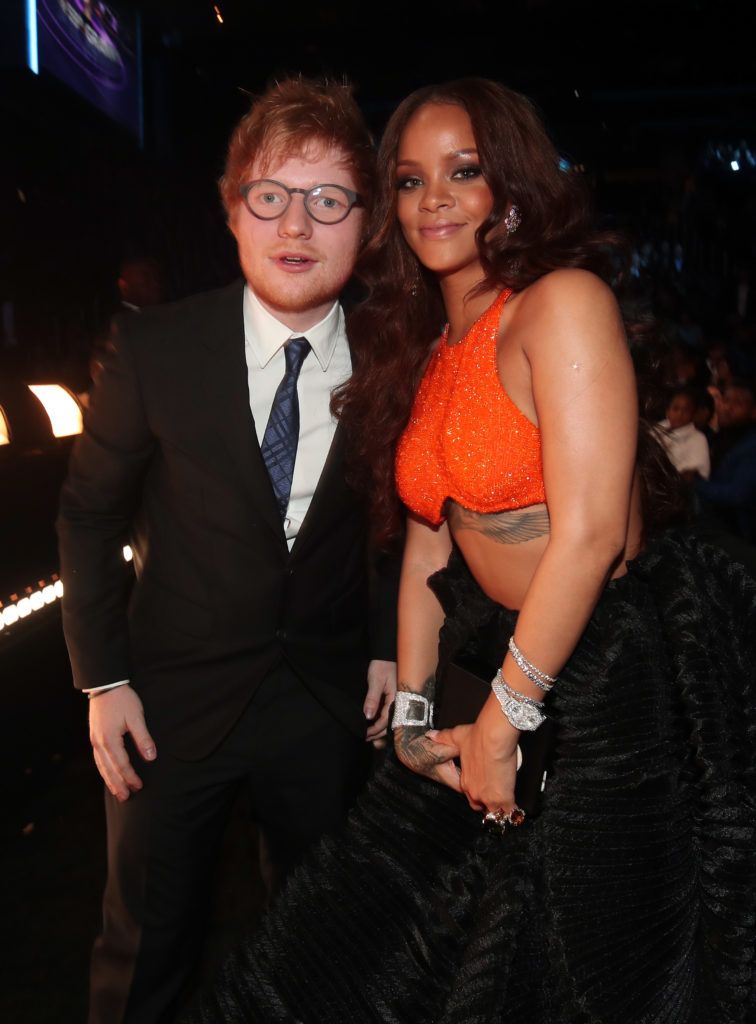 LOS ANGELES, CA - FEBRUARY 12: Music artists Ed Sheeran (L) and Rihanna during The 59th GRAMMY Awards at STAPLES Center on February 12, 2017 in Los Angeles, California.  (Photo by Christopher Polk/Getty Images for NARAS)
