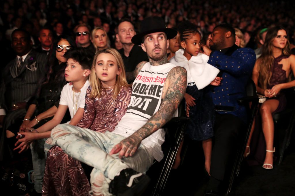 LOS ANGELES, CA - FEBRUARY 12: (L-R) Landon Barker, Alabama Barker and musician Travis Barker of Blink-182 during The 59th GRAMMY Awards at STAPLES Center on February 12, 2017 in Los Angeles, California.  (Photo by Christopher Polk/Getty Images for NARAS)