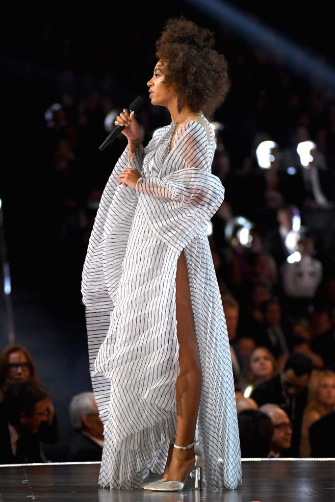 LOS ANGELES, CA - FEBRUARY 12:  Solange Knowles speaks onstage during The 59th GRAMMY Awards at STAPLES Center on February 12, 2017 in Los Angeles, California.  (Photo by Kevork Djansezian/Getty Images)