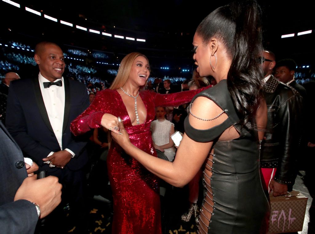 LOS ANGELES, CA - FEBRUARY 12: Jay-Z, Beyonce and actress Laverne Cox during The 59th GRAMMY Awards at STAPLES Center on February 12, 2017 in Los Angeles, California.  (Photo by Christopher Polk/Getty Images for NARAS)