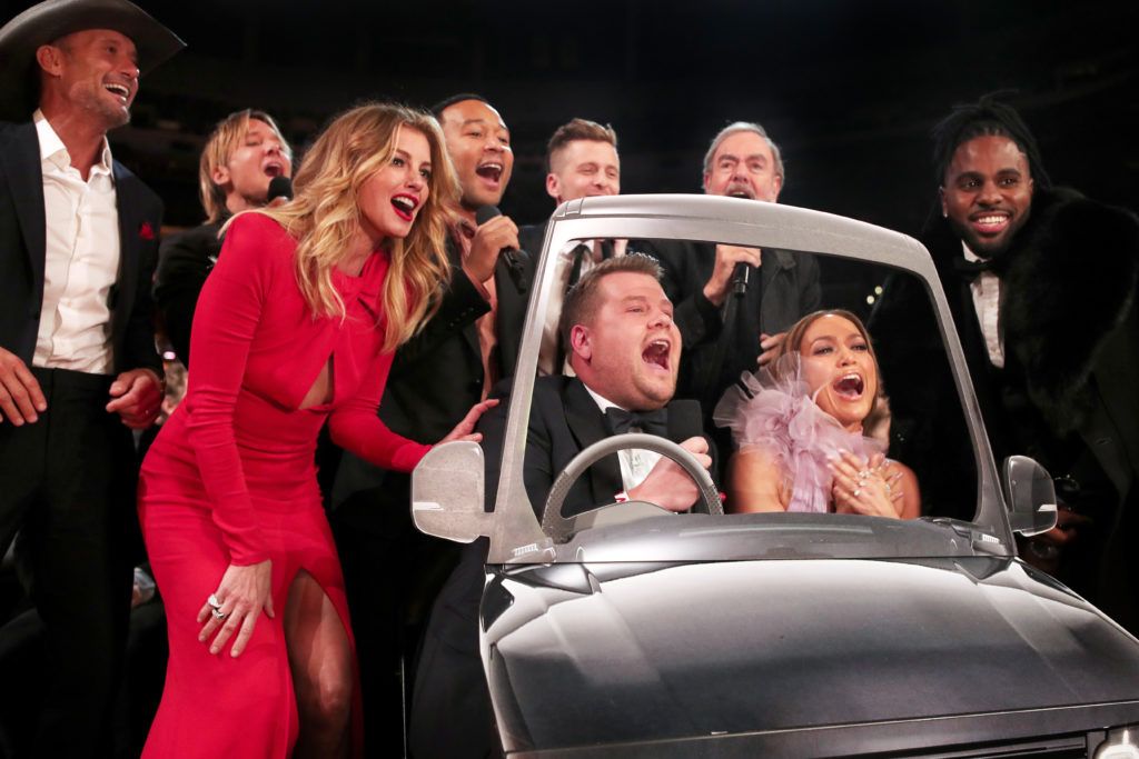 LOS ANGELES, CA - FEBRUARY 12:  (L-R) Faith Hill, Tim McGraw, John Legend, GRAMMY Awards host James Corden, Ryan Tedder of OneRepublic, Jennifer Lopez, Neil Diamond and Jason Derulo  during The 59th GRAMMY Awards at STAPLES Center on February 12, 2017 in Los Angeles, California.  (Photo by Christopher Polk/Getty Images for NARAS)