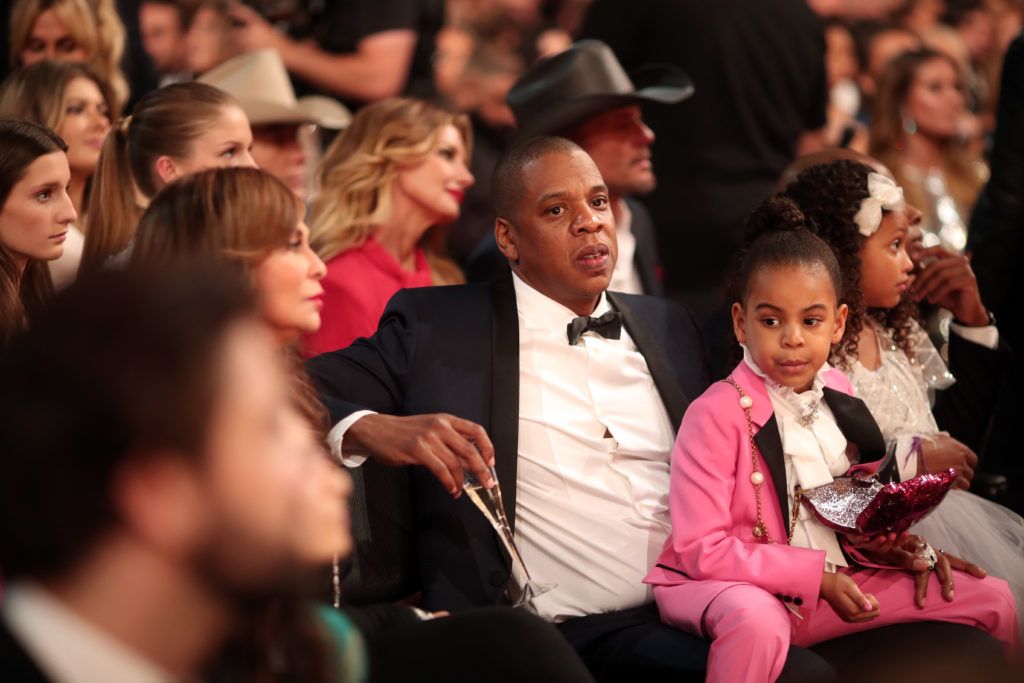 LOS ANGELES, CA - FEBRUARY 12:  Hip-hop artist Jay Z and Blue Ivy Carter (R) during The 59th GRAMMY Awards at STAPLES Center on February 12, 2017 in Los Angeles, California.  (Photo by Christopher Polk/Getty Images for NARAS)