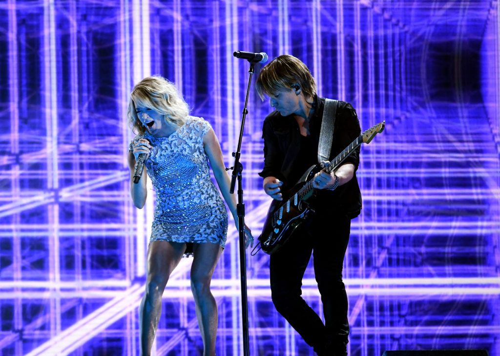 LOS ANGELES, CA - FEBRUARY 12:  Recording artists Keith Urban (R) and Carrie Underwood perform onstage during The 59th GRAMMY Awards at STAPLES Center on February 12, 2017 in Los Angeles, California.  (Photo by Kevork Djansezian/Getty Images)