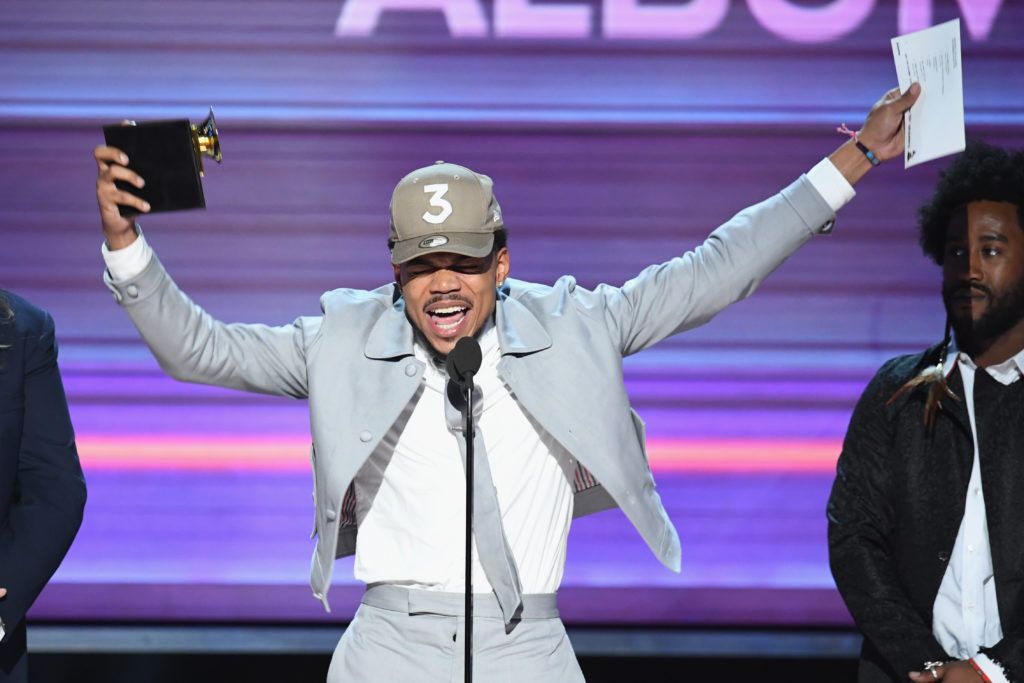 LOS ANGELES, CA - FEBRUARY 12:  Recording artist Chance the Rapper accepts the Best Rap Album award for 'Coloring Book' onstage during The 59th GRAMMY Awards at STAPLES Center on February 12, 2017 in Los Angeles, California.  (Photo by Kevin Winter/Getty Images for NARAS)