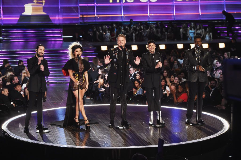 LOS ANGELES, CA - FEBRUARY 12:  (L-R) Recording artists Avi Kaplan, Kirstin Maldonado, Scott Hoying, Mitch Grassi, and Kevin Olusola of music group Pentatonix perform onstage during The 59th GRAMMY Awards at STAPLES Center on February 12, 2017 in Los Angeles, California.  (Photo by Kevin Winter/Getty Images for NARAS)