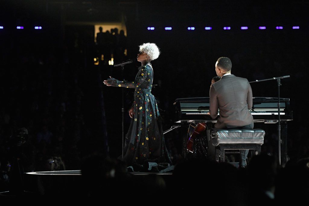 LOS ANGELES, CA - FEBRUARY 12: Recording artists Cynthia Erivo (L) and John Legend perform onstage during The 59th GRAMMY Awards at STAPLES Center on February 12, 2017 in Los Angeles, California.  (Photo by Kevork Djansezian/Getty Images)