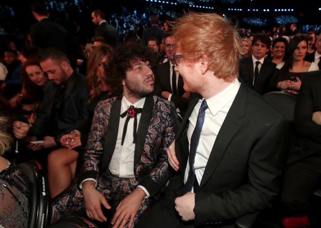 LOS ANGELES, CA - FEBRUARY 12:  Producer Benny Blanco (L) and musician Ed Sheeran attend The 59th GRAMMY Awards at STAPLES Center on February 12, 2017 in Los Angeles, California.  (Photo by Christopher Polk/Getty Images for NARAS)
