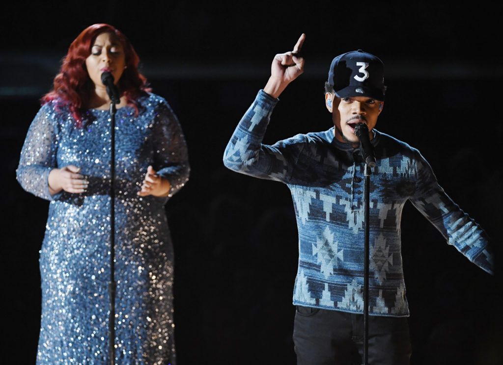 LOS ANGELES, CA - FEBRUARY 12:  Recording artists Nicole Steen (L) and Chance the Rapper perform onstage during The 59th GRAMMY Awards at STAPLES Center on February 12, 2017 in Los Angeles, California.  (Photo by Kevin Winter/Getty Images for NARAS)