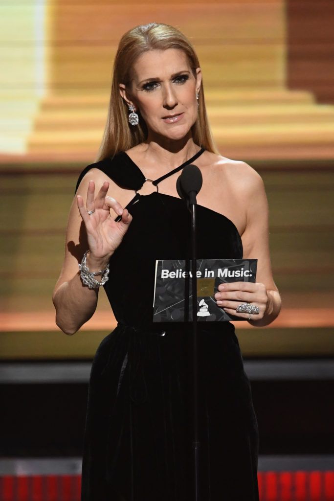 LOS ANGELES, CA - FEBRUARY 12:  Recording artist Celine Dion speaks onstage during The 59th GRAMMY Awards at STAPLES Center on February 12, 2017 in Los Angeles, California.  (Photo by Kevin Winter/Getty Images for NARAS)