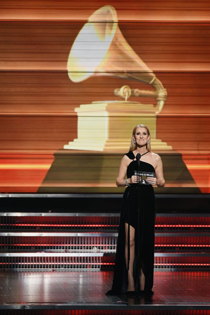 LOS ANGELES, CA - FEBRUARY 12:  Recording artist Celine Dion speaks onstage during The 59th GRAMMY Awards at STAPLES Center on February 12, 2017 in Los Angeles, California.  (Photo by Kevin Winter/Getty Images for NARAS)
