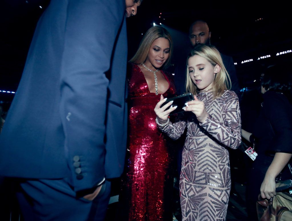 LOS ANGELES, CA - FEBRUARY 12: Beyonce and Alabama Barker during The 59th GRAMMY Awards at STAPLES Center on February 12, 2017 in Los Angeles, California.  (Photo by Christopher Polk/Getty Images for NARAS)