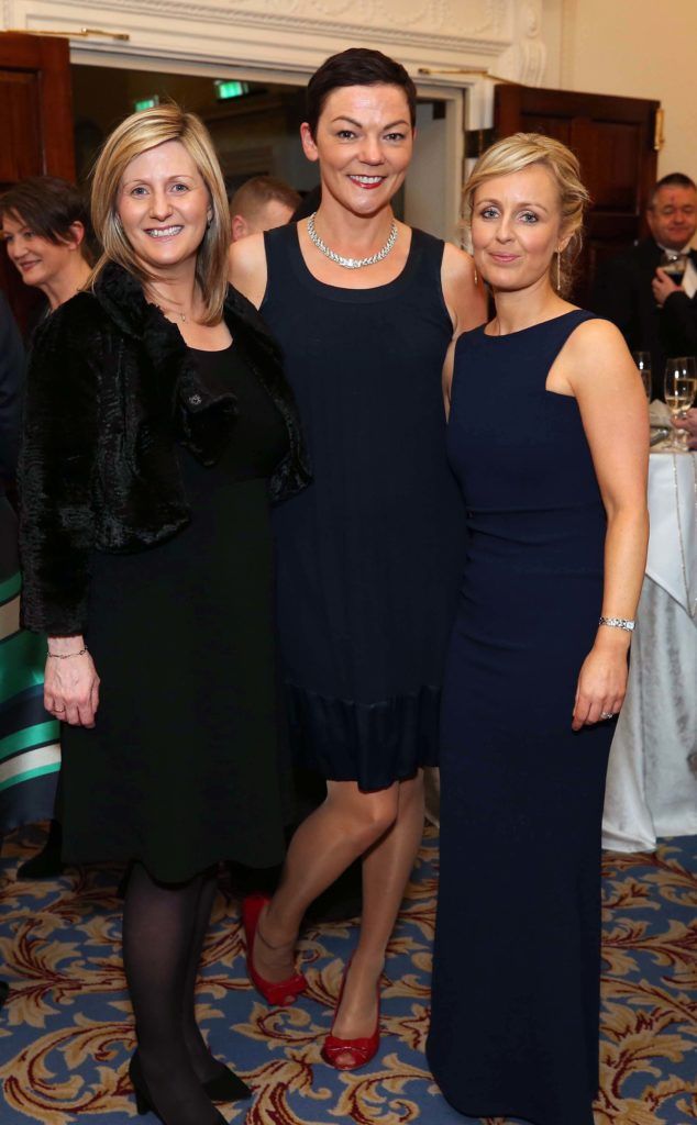 Grainia Long with Aideen Rafferty and Marianne O’Donoghue, pictured at the Nesta sponsored ISPCC Valentines Ball held in the Shelbourne Hotel. Pic. Robbie Reynolds