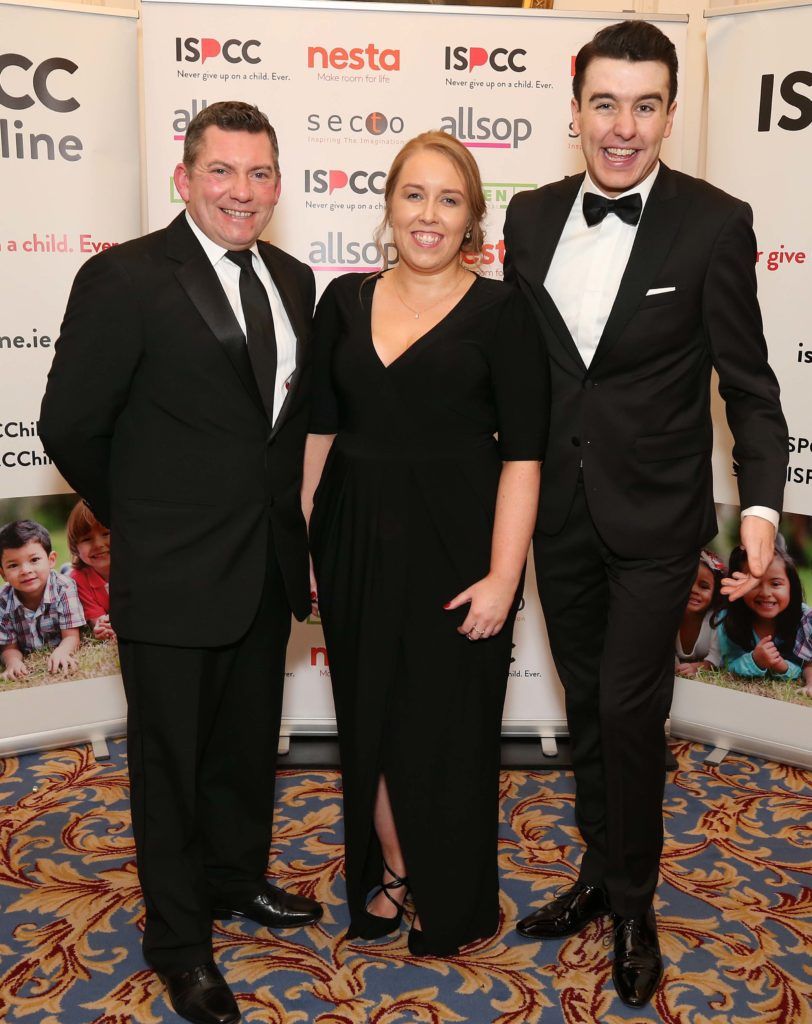 Brian Hefferon (left) with Aoife Long and Al Porter, pictured at the Nesta sponsored ISPCC Valentines Ball held in the Shelbourne Hotel. Pic. Robbie Reynolds