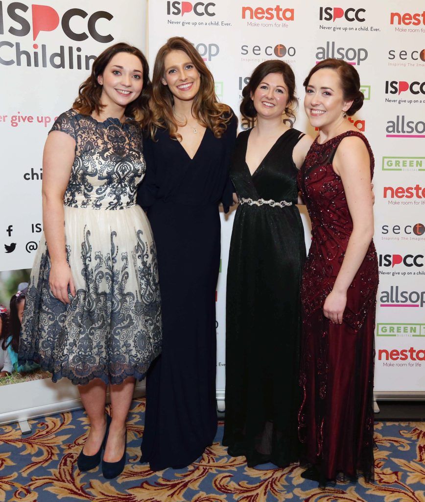 Lucy Bruton (left) with Claire O’Rourke, Sarah Rooney and Katie Smith, pictured at the Nesta sponsored ISPCC Valentines Ball held in the Shelbourne Hotel. Pic. Robbie Reynolds