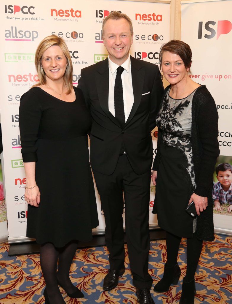 Grainia Long (left) with Matt Cooper and Gill Waters, pictured at the Nesta sponsored ISPCC Valentines Ball held in the Shelbourne Hotel. Pic. Robbie Reynolds