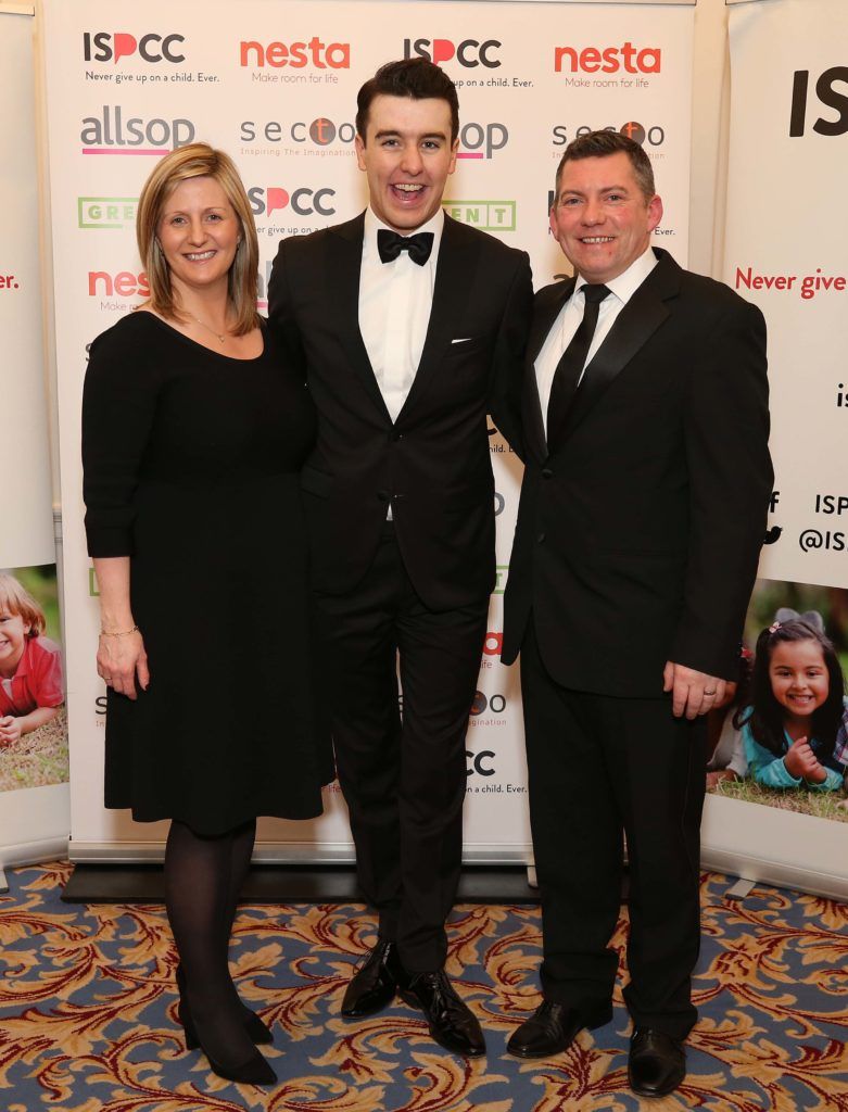 Grainia Long with Al Porter and Brian Hefferon, pictured at the Nesta sponsored ISPCC Valentines Ball held in the Shelbourne Hotel. Pic. Robbie Reynolds