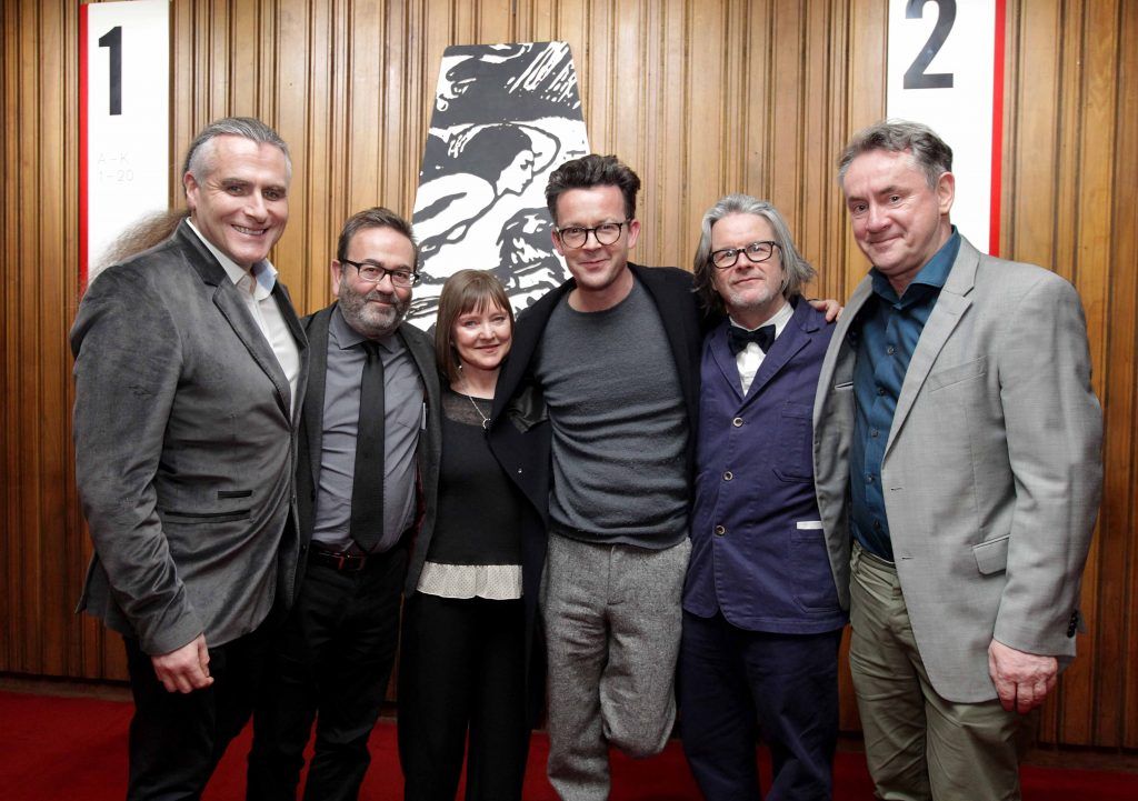 Pictured are, from left, Paul Fahy, Neil Murray, Anne Clarke, Enda Walsh, Graham McLauren and John Crumlish at the opening night of Arlington, written and directed by Enda Walsh and choreographed by Emma Martin, at the Abbey Theatre. Photo: Mark Stedman