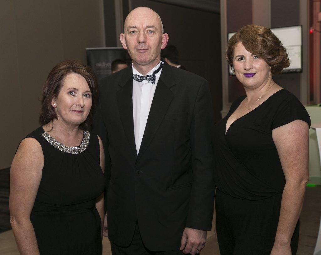 Claire McHugh - Ray Murray - Maeve Lyons - from Presentation College Carlow at the Accenture Digital Media Awards 2017, held in The Clayton Hotel, Burlington Road, Dublin. February 2017 (Photo: Paul Sherwood)