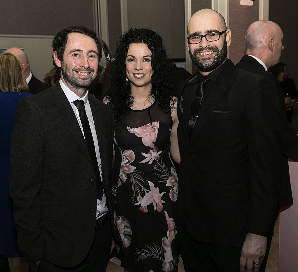 Joseph Smyth - Marie-Therese McCann - Chris McWilliams from Fathom (Belfast) at the Accenture Digital Media Awards 2017, held in The Clayton Hotel, Burlington Road, Dublin. February 2017 (Photo: Paul Sherwood)