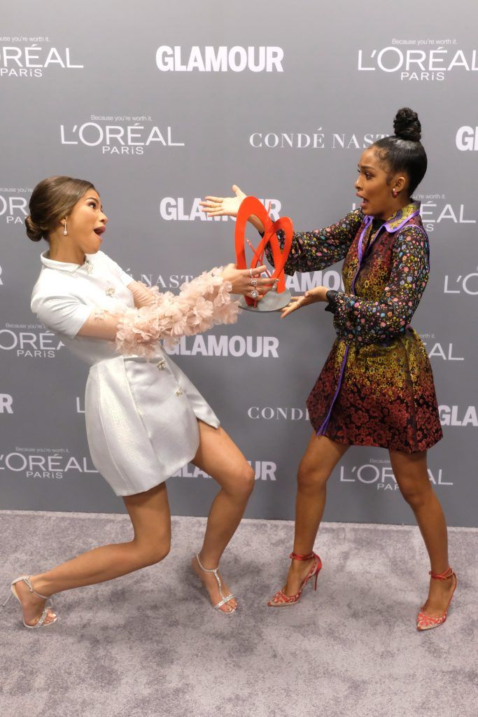 Honoree Zendaya (L) and actress Yara Shahidi pose with an award during Glamour Women Of The Year 2016 at NeueHouse Hollywood on November 14, 2016 in Los Angeles, California.  (Photo by Frazer Harrison/Getty Images for Glamour)