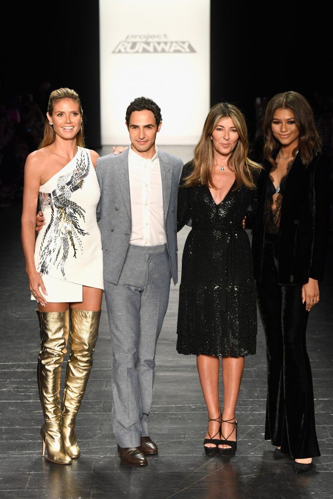 Heidi Klum, Zac Posen, Nina Garcia and Zendaya Coleman greet the audience at the Project Runway fashion show during New York Fashion Week: The Shows at The Arc, Skylight at Moynihan Station on September 9, 2016 in New York City.  (Photo by Frazer Harrison/Getty Images)