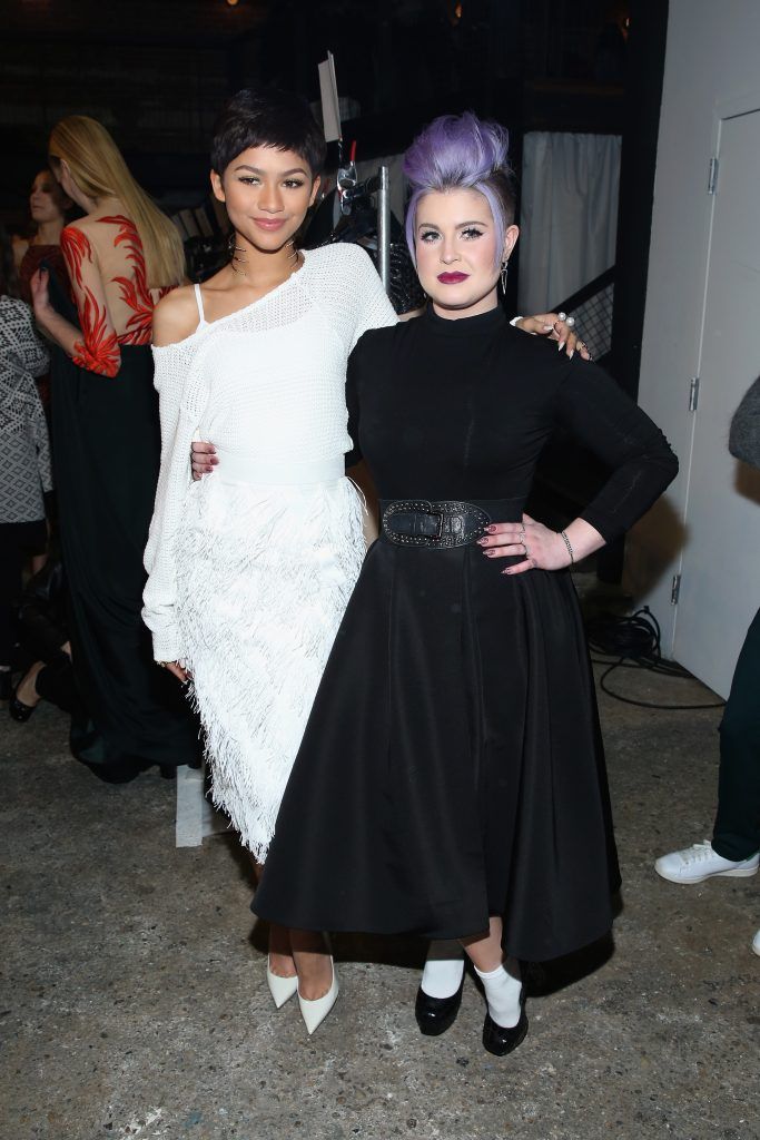 Zendaya and singer Kelly Osbourne pose backstage at the Christian Siriano Fashion Show at ArtBeam on February 14, 2015 in New York City.  (Photo by Cindy Ord/Getty Images)