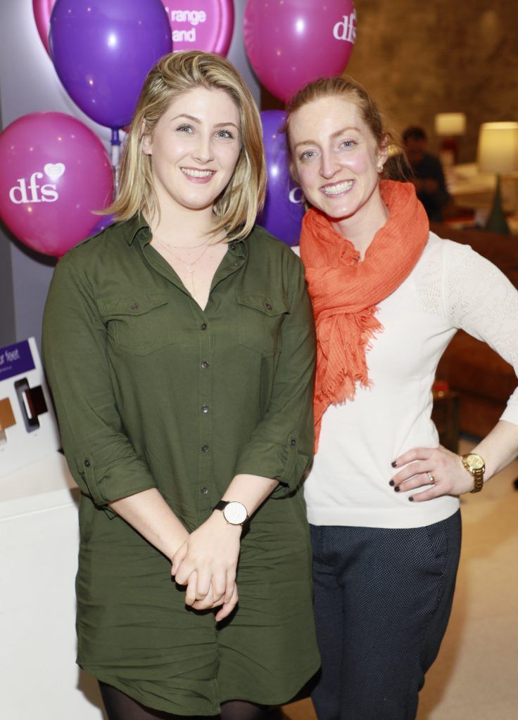 Caoimhe Howard and Hannah Buckley at the DFS Design Evening in the DFS Carrickmines store, where they received designs tips from interiors expert Roisin Lafferty and her KLD team. Photo Kieran Harnett