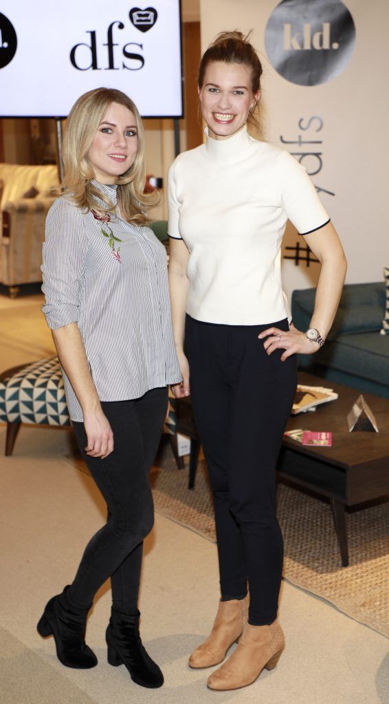 Jess Jones and Sarah Olstoren at the DFS Design Evening in the DFS Carrickmines store, where they received designs tips from interiors expert Roisin Lafferty and her KLD team. Photo Kieran Harnett