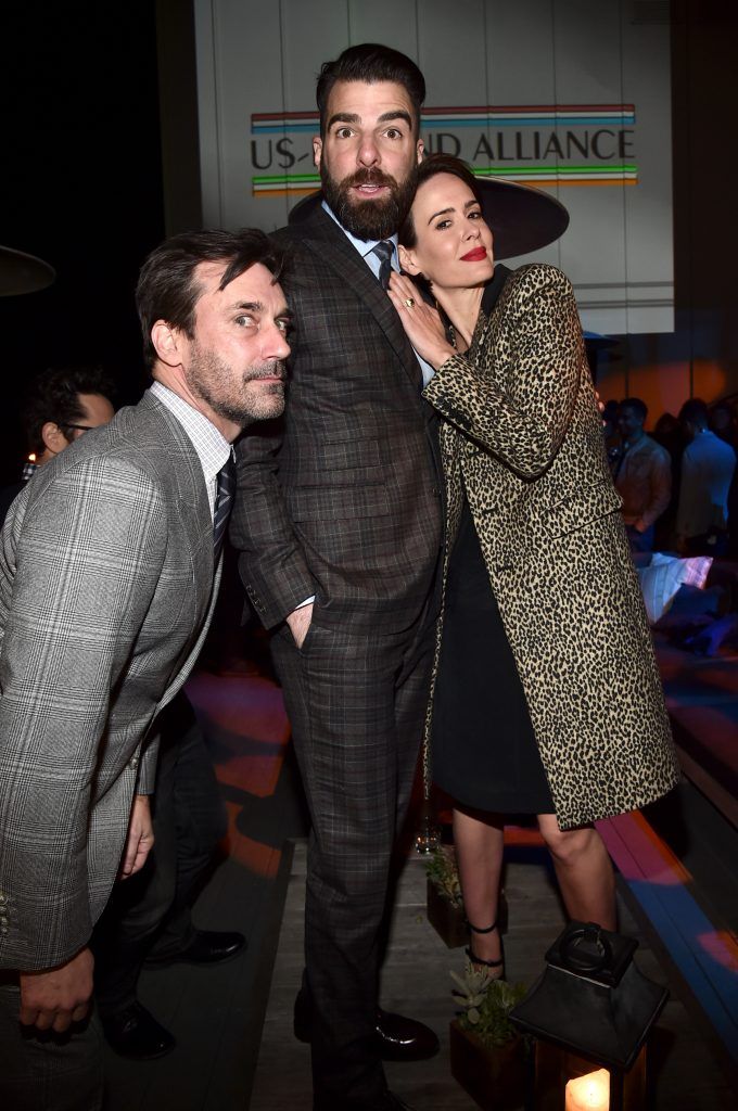 Actor Jon Hamm, honoree Zachary Quinto, and actress Sarah Paulson attend the 12th Annual US-Ireland Aliiance's Oscar Wilde Awards event at Bad Robot on February 23, 2017 in Santa Monica, California.  (Photo by Alberto E. Rodriguez/Getty Images for US-Ireland Alliance )