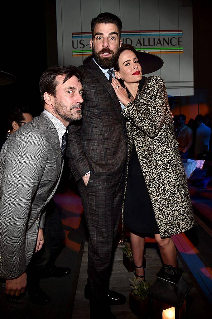 Actor Jon Hamm, honoree Zachary Quinto, and actress Sarah Paulson attend the 12th Annual US-Ireland Aliiance's Oscar Wilde Awards event at Bad Robot on February 23, 2017 in Santa Monica, California.  (Photo by Alberto E. Rodriguez/Getty Images for US-Ireland Alliance )