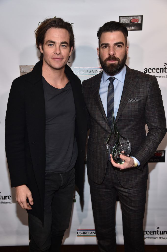 Presenter Chis Pine (L) and honoree Zachary Quinto attend the 12th Annual US-Ireland Aliiance's Oscar Wilde Awards event at Bad Robot on February 23, 2017 in Santa Monica, California.  (Photo by Alberto E. Rodriguez/Getty Images for US-Ireland Alliance )