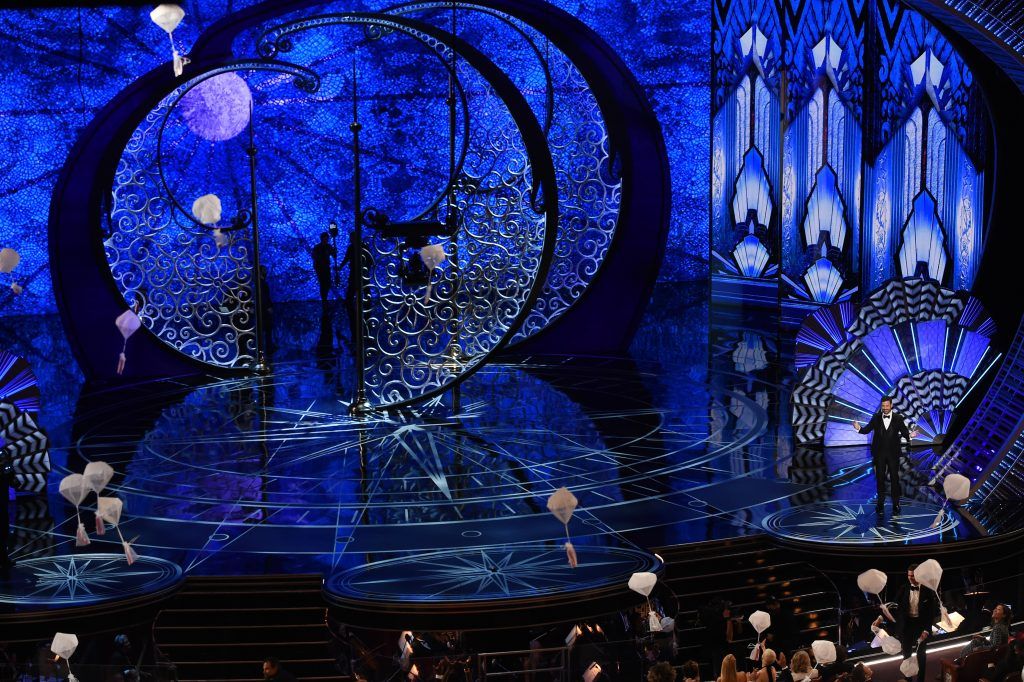 HOLLYWOOD, CA - FEBRUARY 26:  Host Jimmy Kimmel (R) speaks onstage during the 89th Annual Academy Awards at Hollywood & Highland Center on February 26, 2017 in Hollywood, California.  (Photo by Kevin Winter/Getty Images)