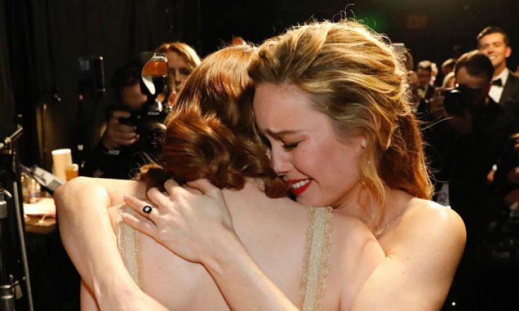 Brie Larson and Emma Stone crying and hugging after Stone's Oscar win is friendship goals