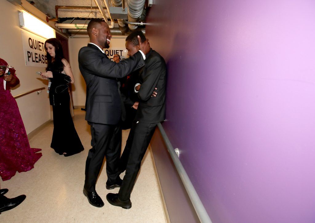 HOLLYWOOD, CA - FEBRUARY 26:  Actors Trevante Rhodes (L) and Ashton Sanders backstage during the 89th Annual Academy Awards at Hollywood & Highland Center on February 26, 2017 in Hollywood, California.  (Photo by Christopher Polk/Getty Images)