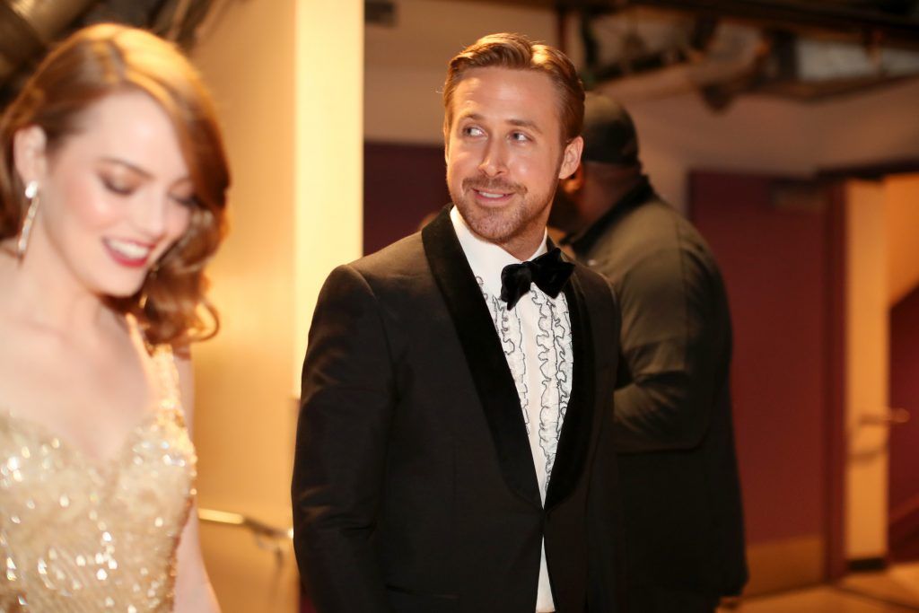 HOLLYWOOD, CA - FEBRUARY 26:  Actors Emma Stone (L) and Ryan Gosling backstage during the 89th Annual Academy Awards at Hollywood & Highland Center on February 26, 2017 in Hollywood, California.  (Photo by Christopher Polk/Getty Images)