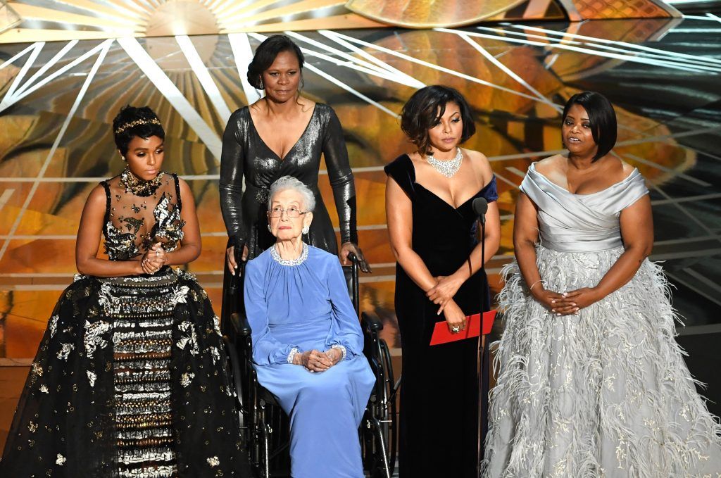 HOLLYWOOD, CA - FEBRUARY 26:  NASA mathematician Katherine Johnson (2nd L) appears onstage with (L-R) actors Janelle Monae, Taraji P. Henson and Octavia Spencer during the 89th Annual Academy Awards at Hollywood & Highland Center on February 26, 2017 in Hollywood, California.  (Photo by Kevin Winter/Getty Images)
