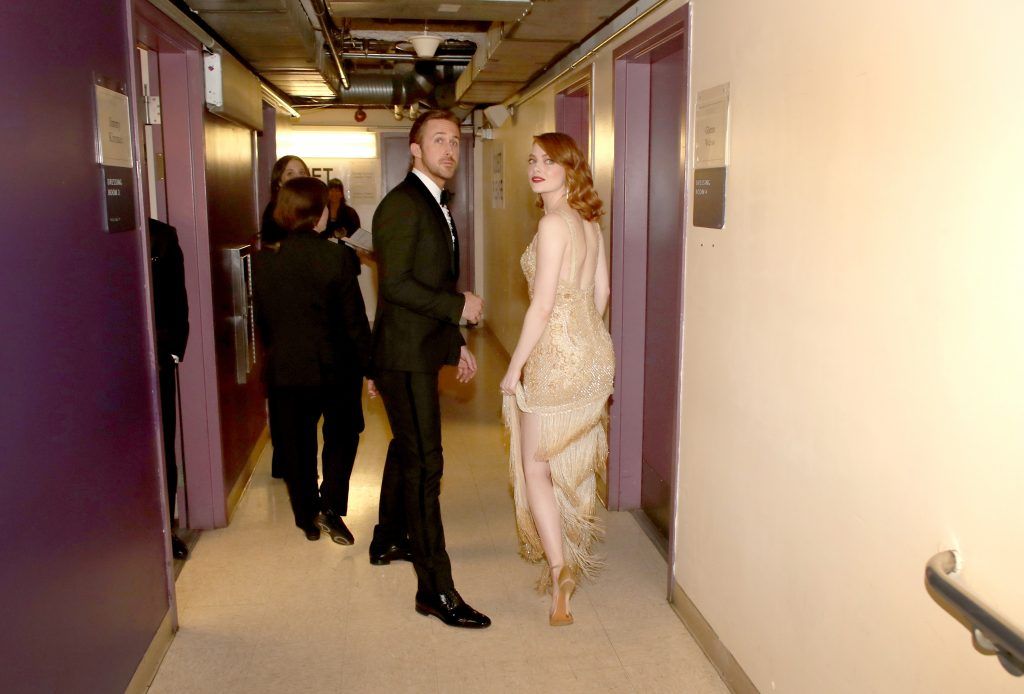 HOLLYWOOD, CA - FEBRUARY 26: Actors Ryan Gosling (L) and Emma Stone pose backstage during the 89th Annual Academy Awards at Hollywood & Highland Center on February 26, 2017 in Hollywood, California.  (Photo by Christopher Polk/Getty Images)
