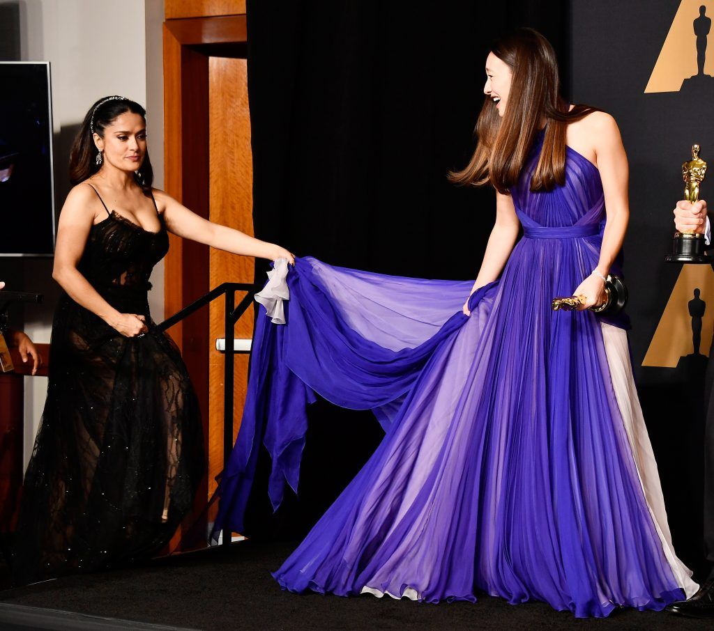 HOLLYWOOD, CA - FEBRUARY 26:  Actor Salma Hayek (L) and producer Joanna Natasegara, winner of Best Documentary Short Subject for 'The White Helmets' pose in the press room during the 89th Annual Academy Awards at Hollywood & Highland Center on February 26, 2017 in Hollywood, California.  (Photo by Frazer Harrison/Getty Images)