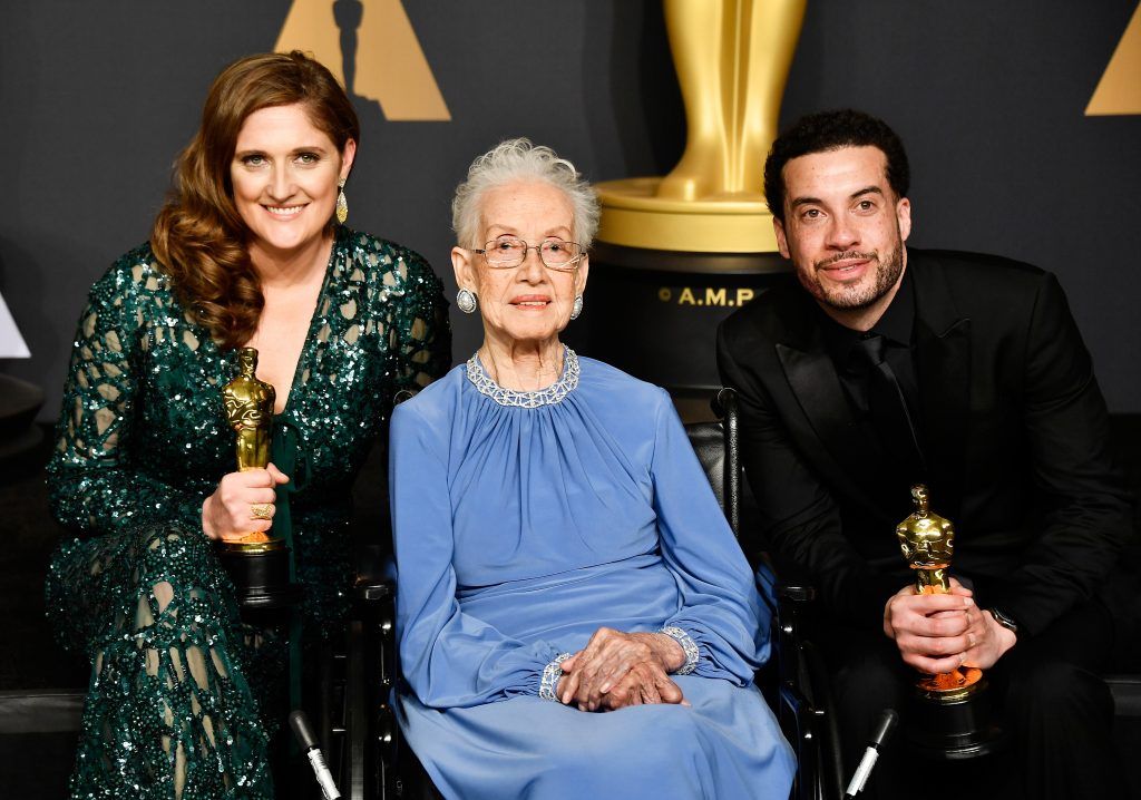 HOLLYWOOD, CA - FEBRUARY 26: NASA mathematician Katherine Johnson (C) and director Ezra Edelman (R) and producer Caroline Waterlow (L), winners of Best Documentary Feature for 'O.J.: Made in America' pose in the press room during the 89th Annual Academy Awards at Hollywood & Highland Center on February 26, 2017 in Hollywood, California.  (Photo by Frazer Harrison/Getty Images)