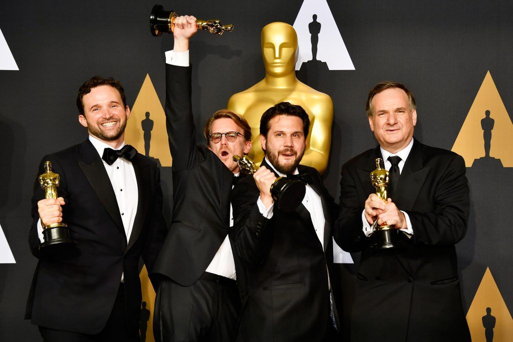 HOLLYWOOD, CA - FEBRUARY 26:  (L-R) Visual effects artists Dan Lemmon, Andrew R. Jones, Adam Valdez and Robert Legato, winners of Best Visual Effects for 'The Jungle Book' pose in the press room during the 89th Annual Academy Awards at Hollywood & Highland Center on February 26, 2017 in Hollywood, California.  (Photo by Frazer Harrison/Getty Images)