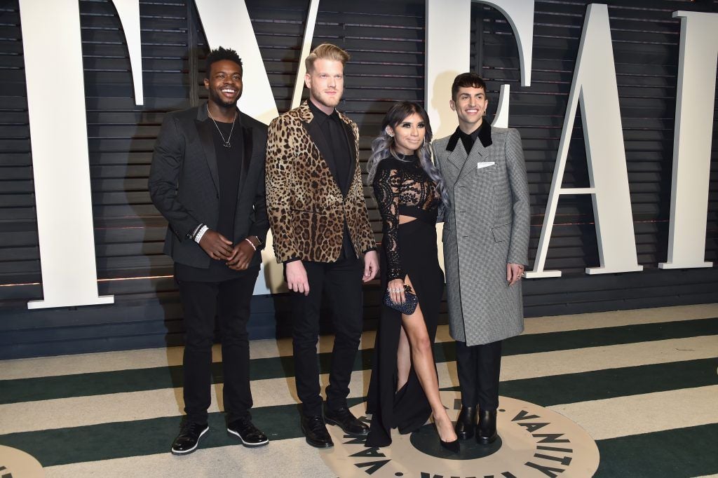 BEVERLY HILLS, CA - FEBRUARY 26:  (L-R) Recording artists Kevin Olusola, Scott Hoying, Kirstie Maldonado,and Mitch Grassi of music group Pentatonix attend the 2017 Vanity Fair Oscar Party hosted by Graydon Carter at Wallis Annenberg Center for the Performing Arts on February 26, 2017 in Beverly Hills, California.  (Photo by Pascal Le Segretain/Getty Images)